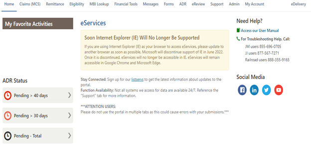 ADR Status Widget on eServices Homepage
